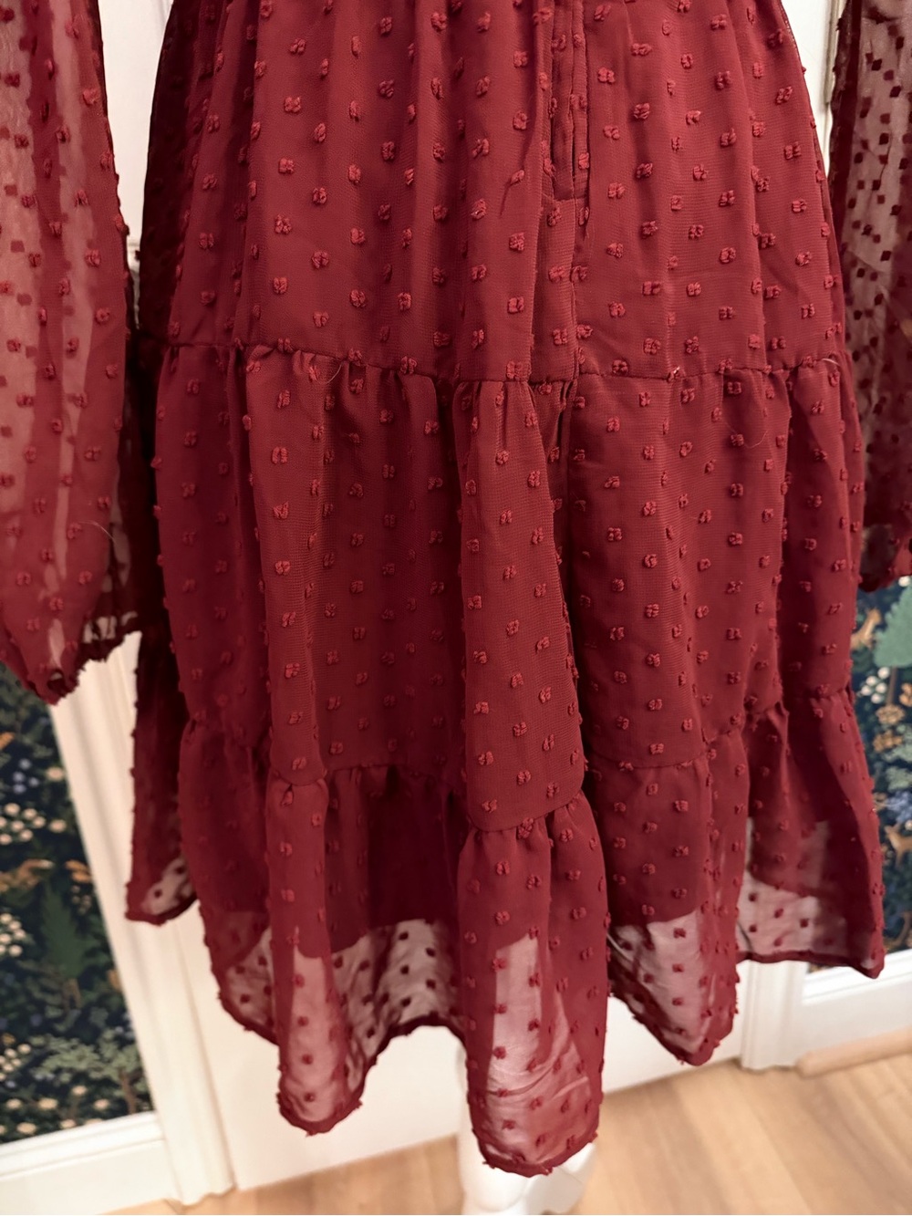 Altar'd State Wine Red Swiss Dot Long Sleeve Tiered Dress - Picture 6 of 7